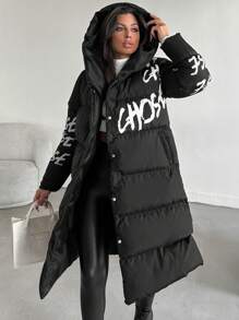 EURMUSE Long Black Padded Coat For Women With Printed Letters - Black - View 1
