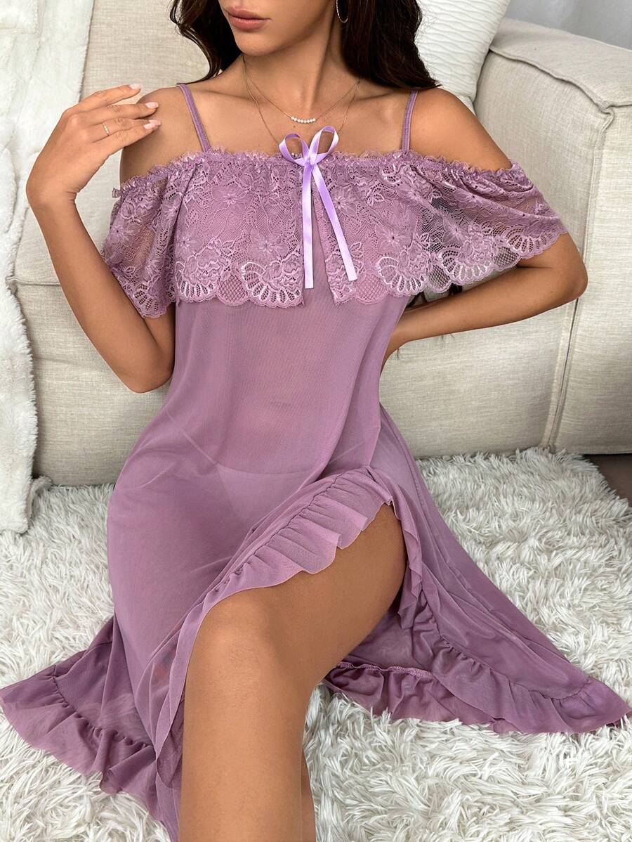 Ren tương phản Vai lạnh Viền Ruffle Nơ mặt trước Lưới Váy ngủ - Màu tím - Xem 1