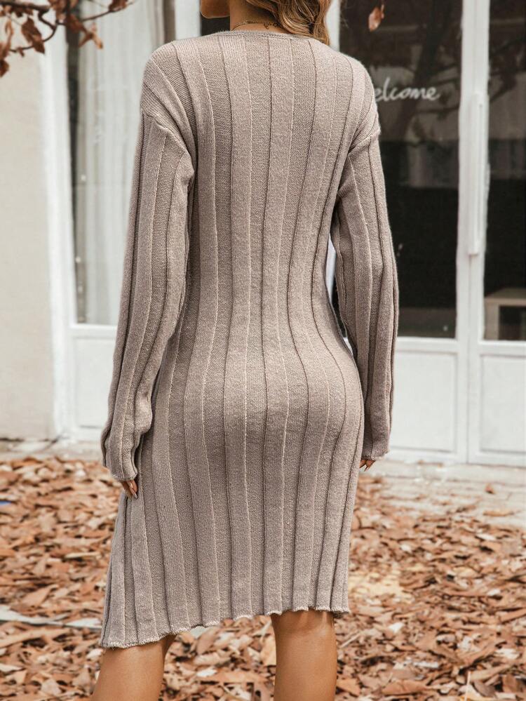 Surplice Neck Drop Shoulder Split Hem Wrap Sweater Dress