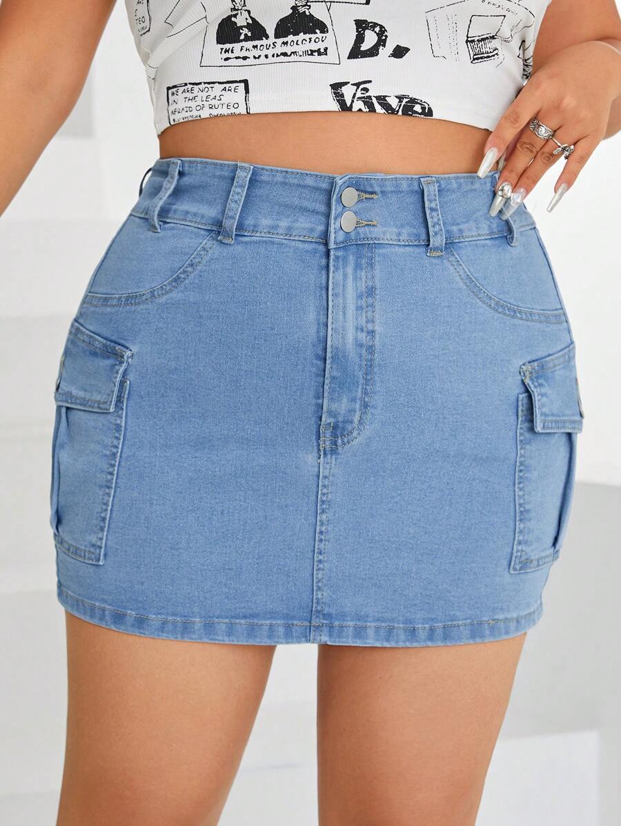 SHEIN EZwear Plus Size Denim Skirt With Cargo Side Pockets - Blue - View 1