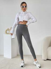 SHEIN Essnce 素色寬腰帶保暖緊身打底褲 - 灰色 - 查看 4