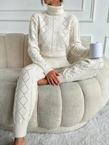 EURMUSE 2 Piece Turtleneck Cable Sweater Set - White - View 5