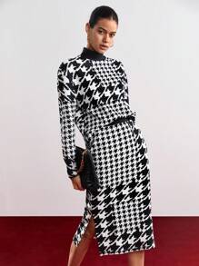 SHEIN BIZwear 女士千鸟格立领上衣和裙子套装 - 黑與白 - 查看 1