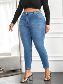 SHEIN Cottnline Plus High Waist Skinny Jeans - Baby Blue - View 5