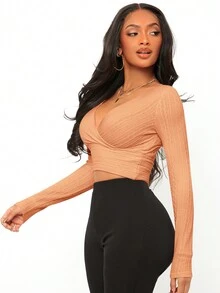 SHEIN SXY Camiseta crop de cuello cruzado - Naranja Coral - Ver 3