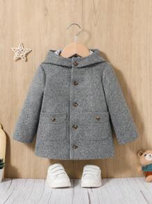 SHEIN Baby Boy 1pc Dual Pocket Button Front Hooded Coat - Grey - View 6