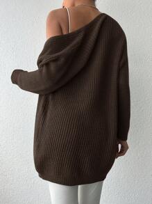 EURMUSE Của phụ nữ Màu thuần Áo len Mở - màu nâu - Xem 5