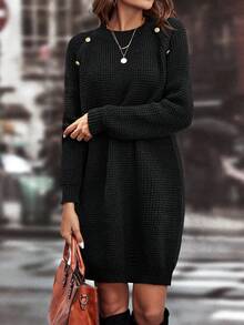 SHEIN LUNE Chi tiết Nút Tay Raglan Đầm Áo len - màu đen - Xem 7