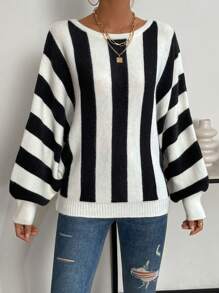 SHEIN LUNE Striped Pattern Batwing Sleeve Knit Pullover Fall Winter Sweater - Multicolor - View 4