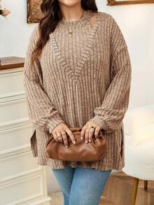 Calvaya Plus Cut Out Neck Drop Shoulder Split Hem Tee - Brown - View 4