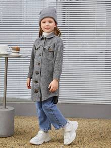 Young Girl Flap Pocket Drop Shoulder Overcoat - Grey - View 6