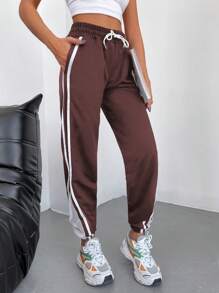 Cottnline Contrast Striped Side Drawstring Waist Sweatpants - Brown - View 4