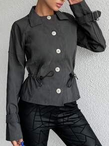 EURMUSE 搭扣帶細節插肩袖腰部抽繩夾克 - 灰色 - 查看 5