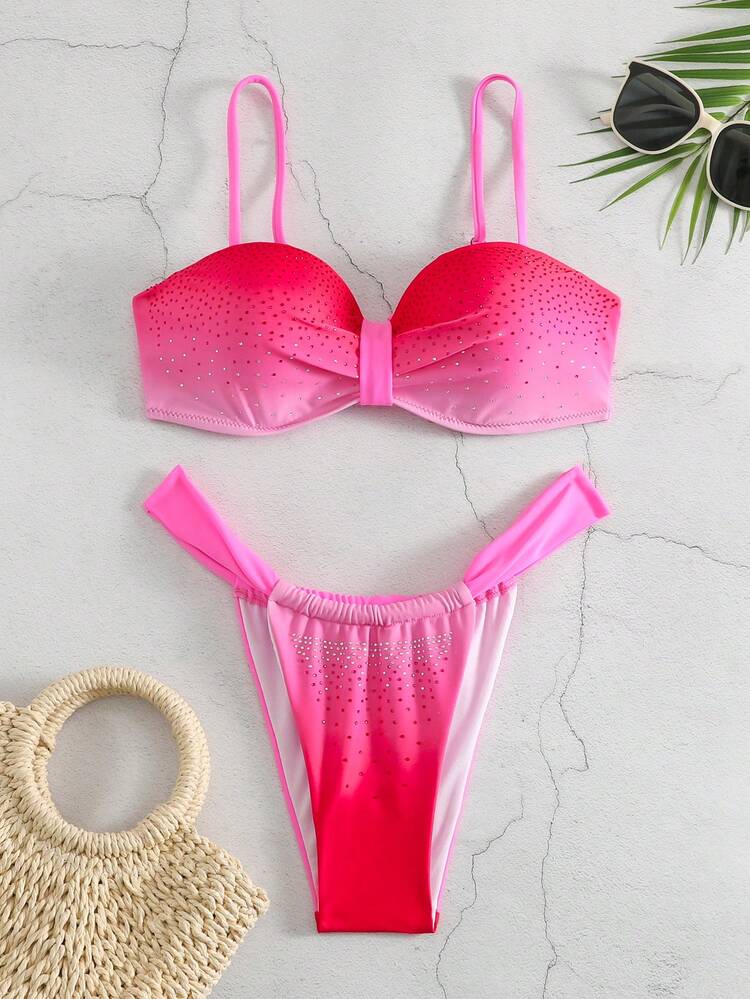 Summer Gradient Color Bikini Swimwear Set With Rhinestone And Bead Detail