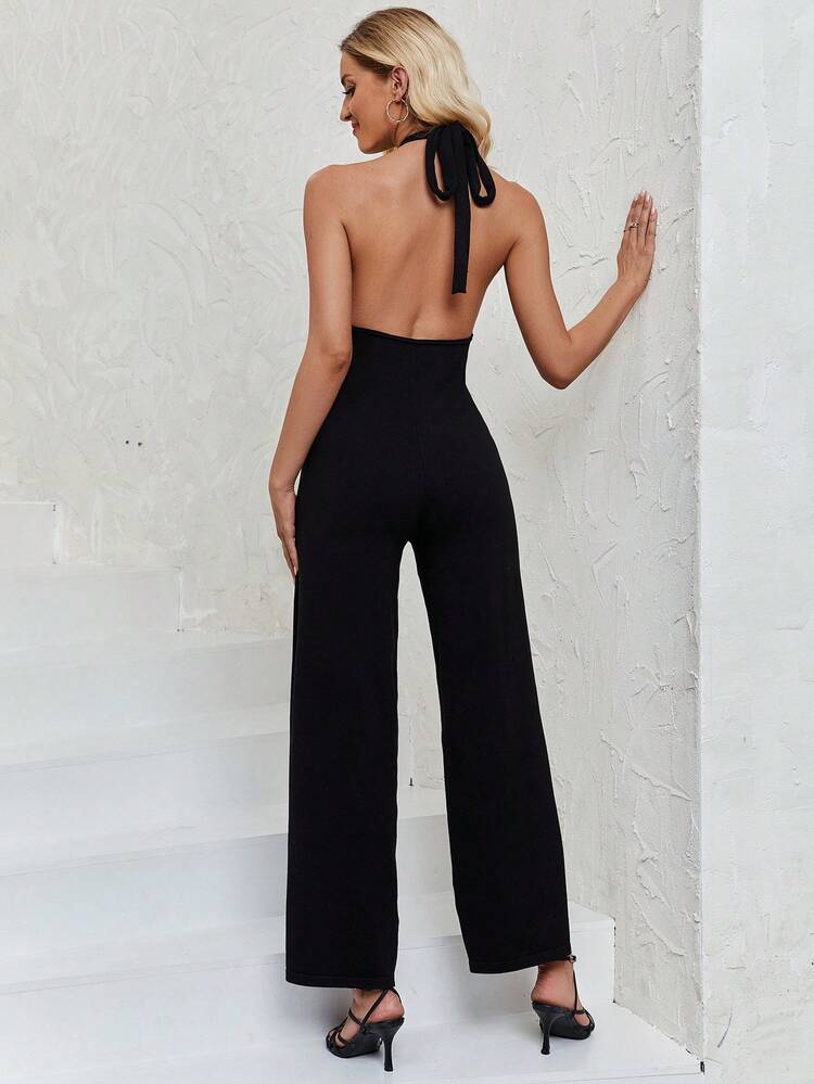 Solid Split Thigh Halter Neck Backless Wide Leg Jumpsuit