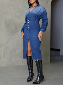 SHEIN Privé Drop Shoulder Split Thigh Denim Dress Fall Cloth For Women - Medium Wash - View 4