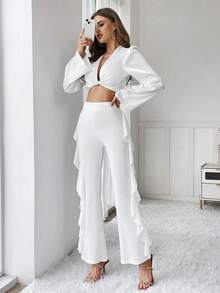 SHEIN Privé Pantalones acampanados de talle alto ribete con fruncido - Blanco - Ver 6