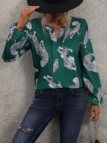 SHEIN LUNE Leopard Print Notched Neckline Lantern Sleeve Blouse - Multicolor - View 3