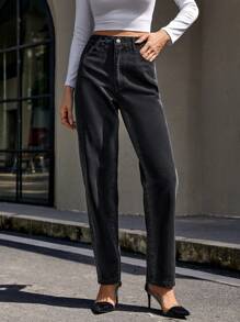 SHEIN Privé 高腰直筒牛仔褲 - 黑色 - 查看 4