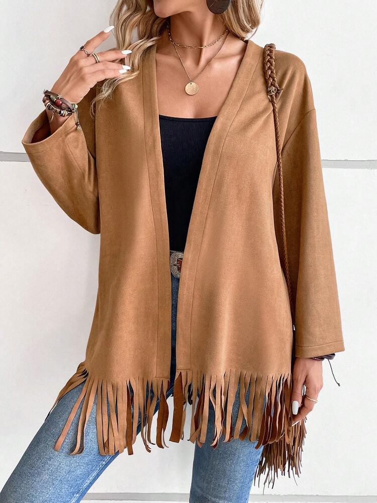 Fringe Hem Open Front Coat