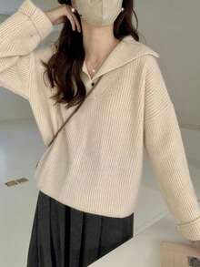 Alicedudu 素色落肩袖套頭毛衣 - 米色 - 查看 3