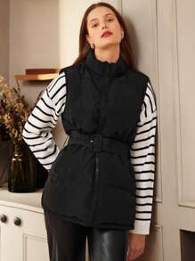 SHEIN Frenchy 女式无袖夹棉大衣（配腰带） - 黑色 - 查看 2