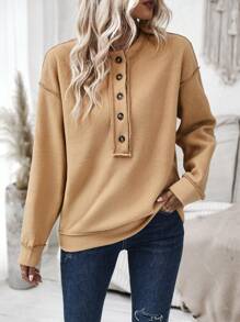 EMERY ROSE 半排扣落肩袖運動衫 - 卡其色 - 查看 6