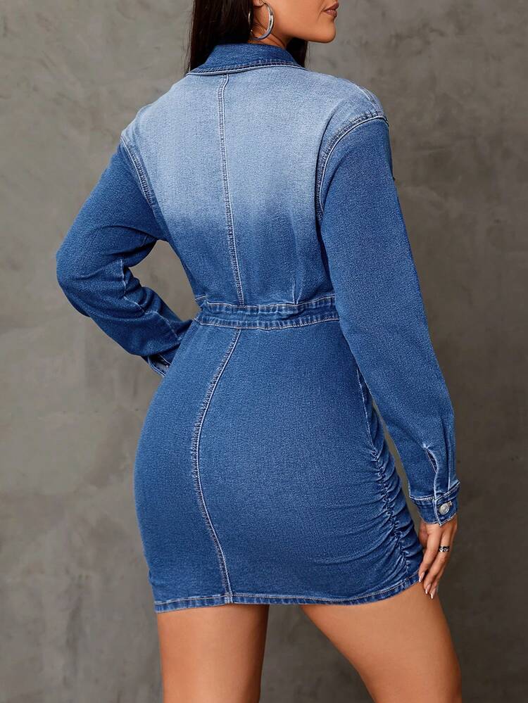 Flap Detail Drawstring Waist Ruched Side Denim Dress
