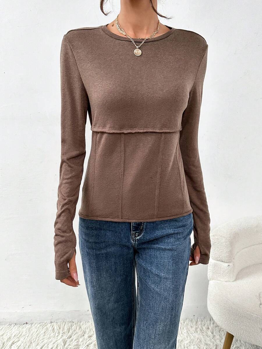 SHEIN Essnce Solid Color Women's T-shirt - Brown - View 1