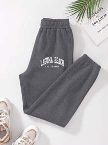SHEIN Unity Letter Graphic Elastic Waist Thermal Lined Sweatpants - Dark Grey - View 1