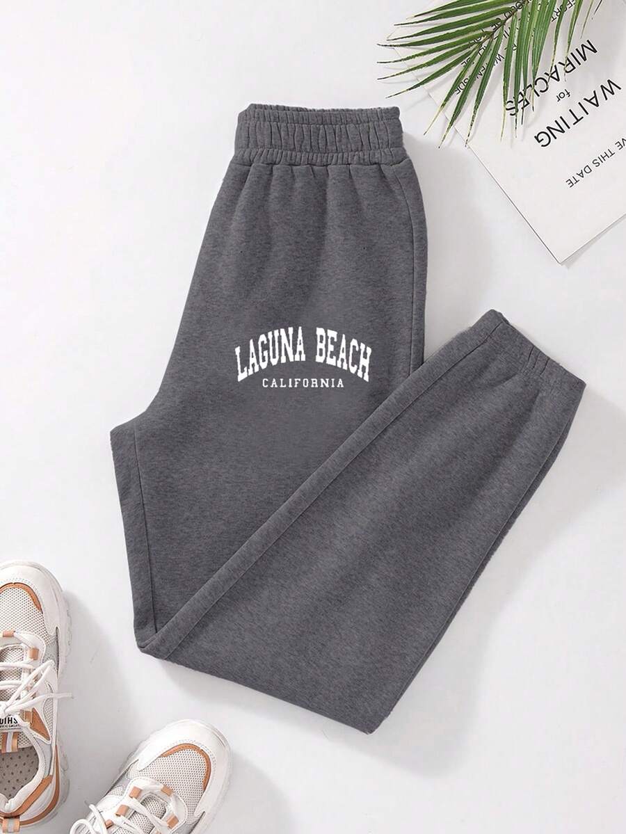 SHEIN Unity Letter Graphic Elastic Waist Thermal Lined Sweatpants - Dark Grey - View 1