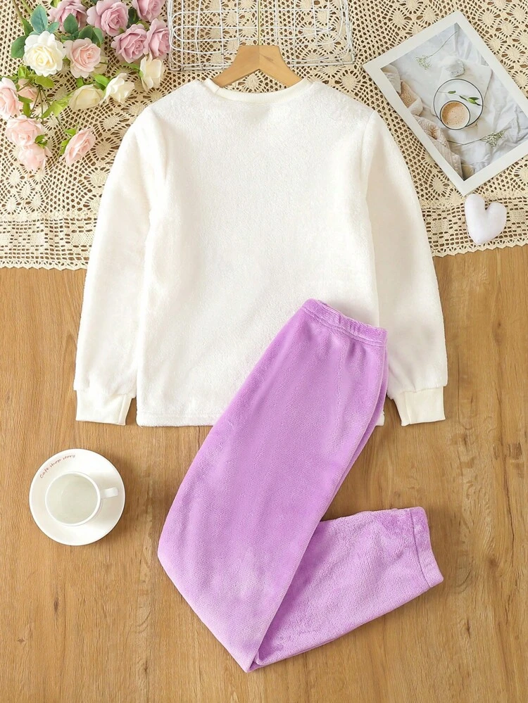 Tween Girl Contrast Letter Heart Embroidered Pajama Set