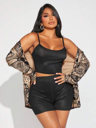 SHEIN SXY unicolor Top de tirantes & Shorts biker & con estampado de retazo Camisa