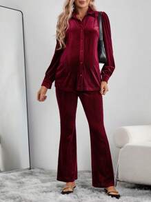 SHEIN Maternity 2pcs/set Solid Color Shirt And Slim Fit Pants - Burgundy - View 11