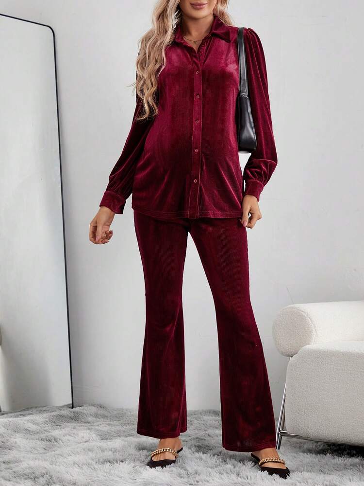 Maternity 2pcs/set Solid Color Shirt And Slim Fit Pants