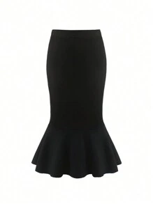 Celure Plus Solid Mermaid Hem Skirt - Black - View 1