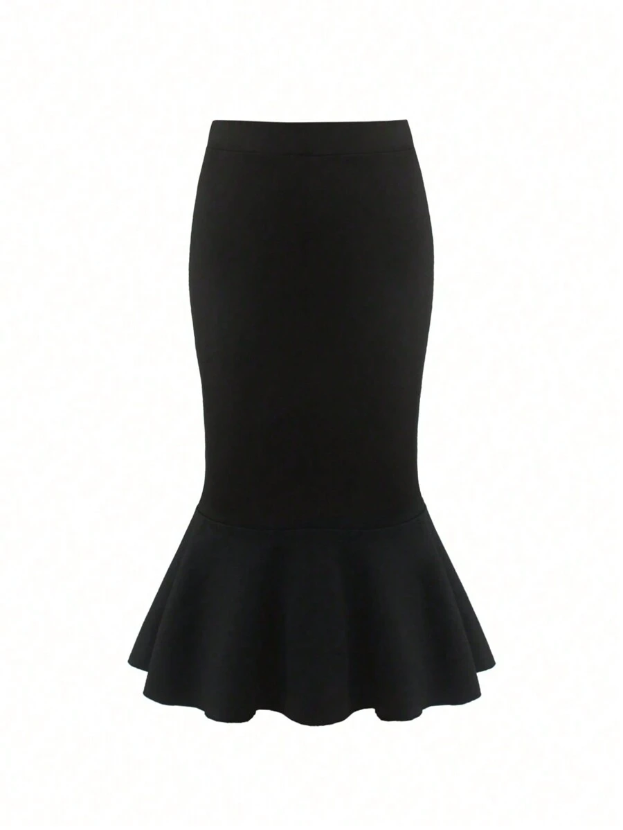 Celure Plus Solid Mermaid Hem Skirt - Black - View 1