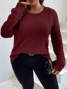 SHEIN LUNE Hơn Đường may Chi tiết Đồ đan Ribbed Áo len - Màu Đỏ Sâu - Xem 6