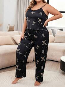 Plus Butterfly Print Lettuce Trim PJ Set / Pajama Set - Black - View 3
