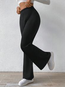 SHEIN LUNE High Waist Flare Leg Thermal Pants - Black - View 5