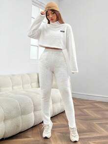 SHEIN EZwear 女士高領印花衛衣和方格裝褲套裝 - 白色 - 查看 4