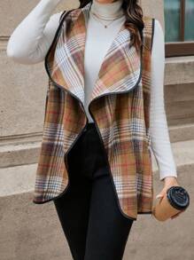 SHEIN LUNE 大碼格紋印花撞色滾邊大翻領背心大衣 - 彩色 - 查看 1