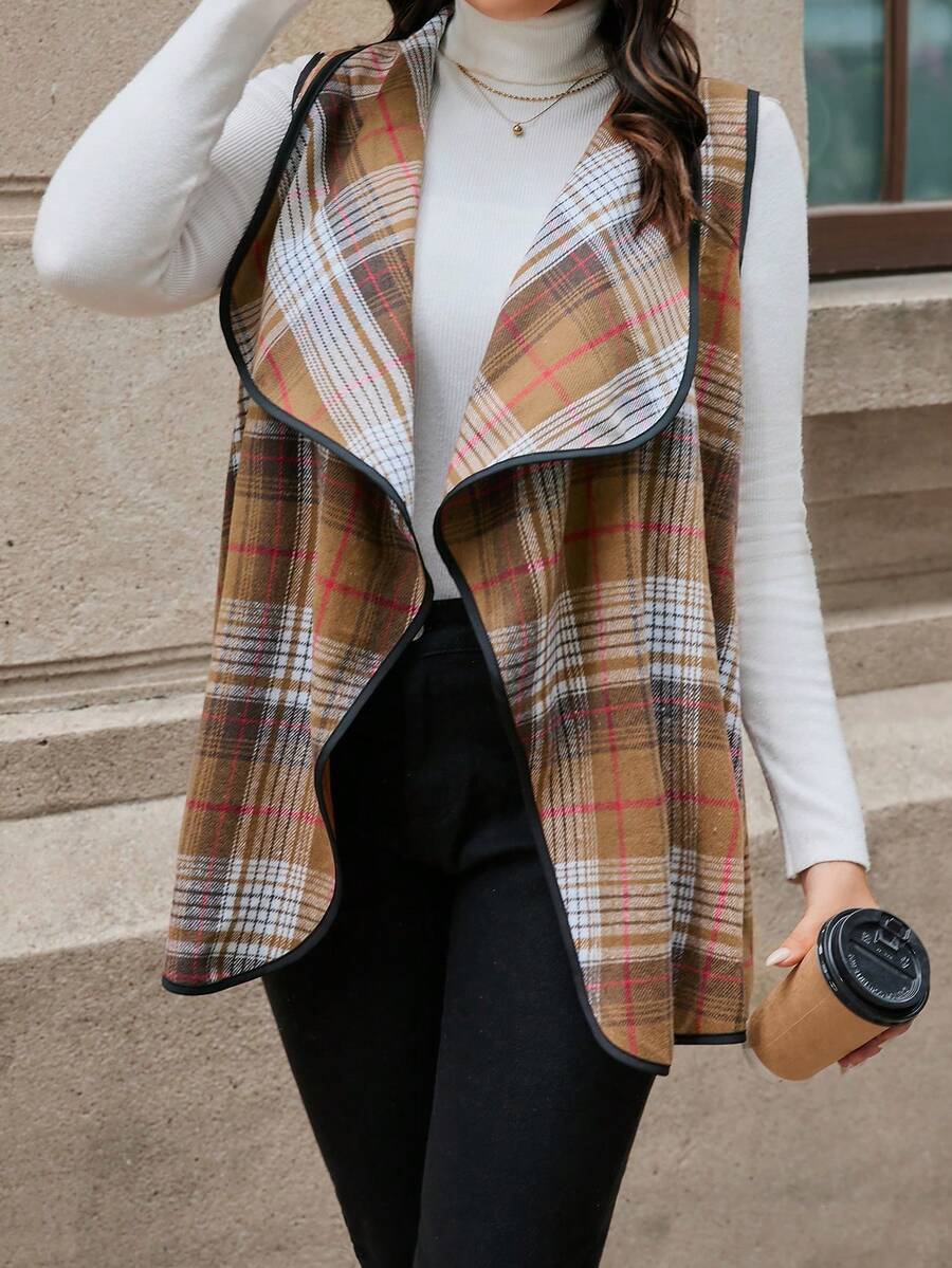 SHEIN LUNE 大碼格紋印花撞色滾邊大翻領背心大衣 - 彩色 - 查看 1