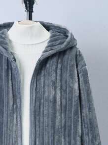 SHEIN Tween Boy Open Front Hooded Fleece Coat Without Sweater - Grey - View 4