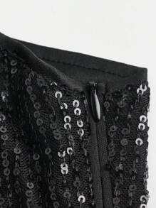 青少年女孩夏季时尚纯色单肩亮片连衣裙适合聚会 - 黑色 - 查看 3