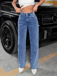 SHEIN Cottnline Pantalones Vaqueros De Pierna Recta Con Cintura Alta - Azul lavado medio - Ver 3
