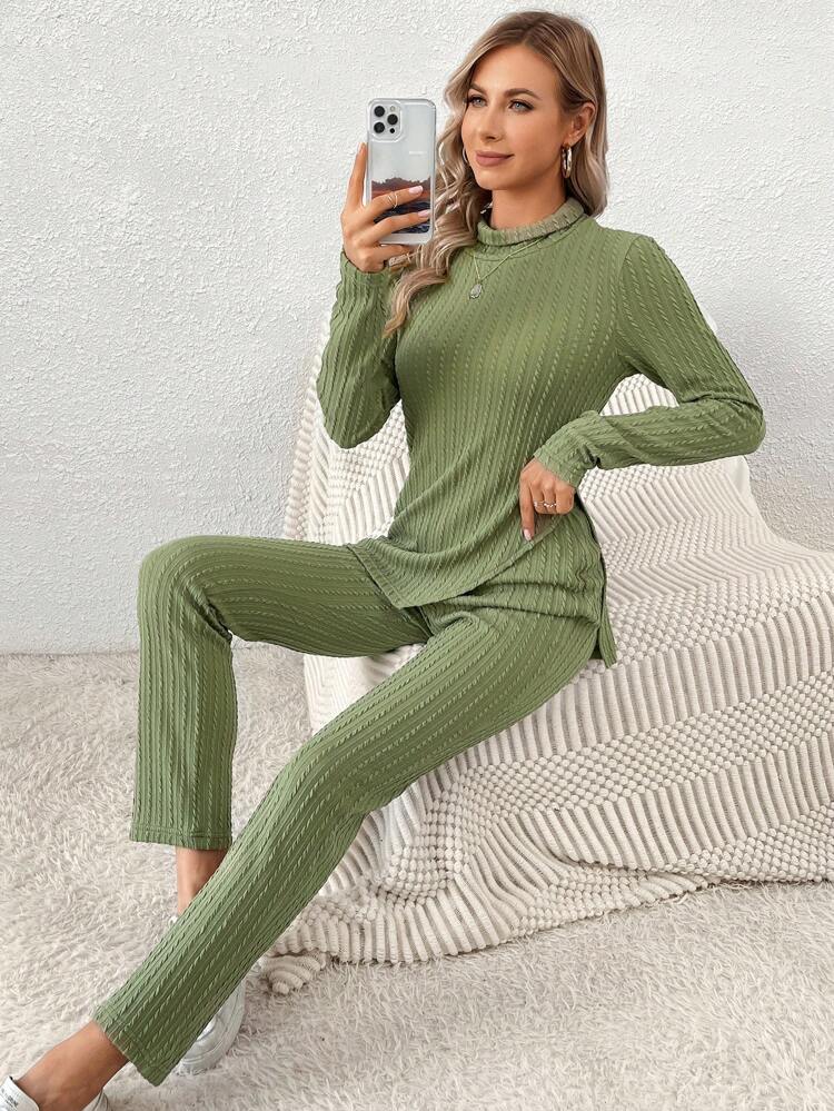 Mock Neck Split Hem Tee & Pants