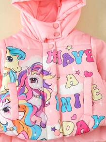 Baby Girl Cartoon Print 3D Design Hooded Padded Coat - Pink - View 5
