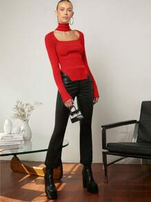 SHEIN Privé Solid Choker Neck Asymmetrical Hem Sweater - Red - View 4