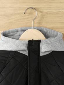 SHEIN Young Boy Letter Patched Detail Hooded Quilted Coat - Black - View 5
